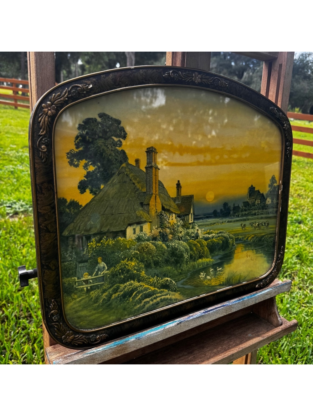 Antique pastoral cottage landscape serving tray 22x17 ornate floral border - Picture 3 of 10